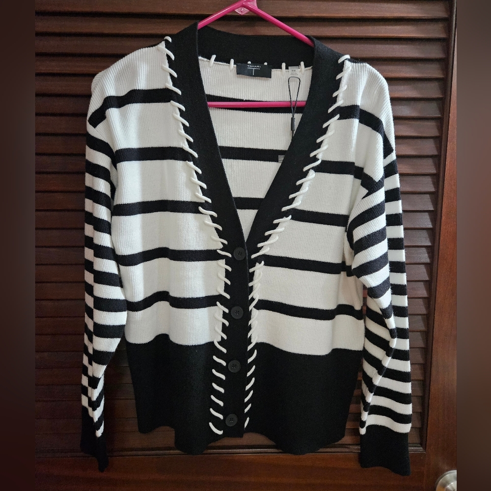 T Tahari Striped Whipstitched Cardigan